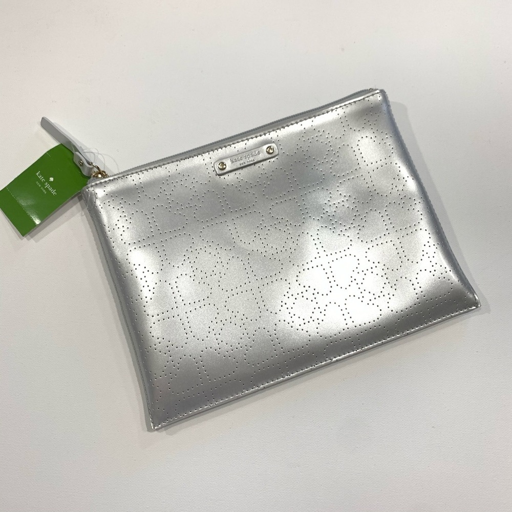 Kate Spade Little Shiloh Metro Silver Perforated Cosmetic Makeup Pouch Clutch - Picture 7 of 13